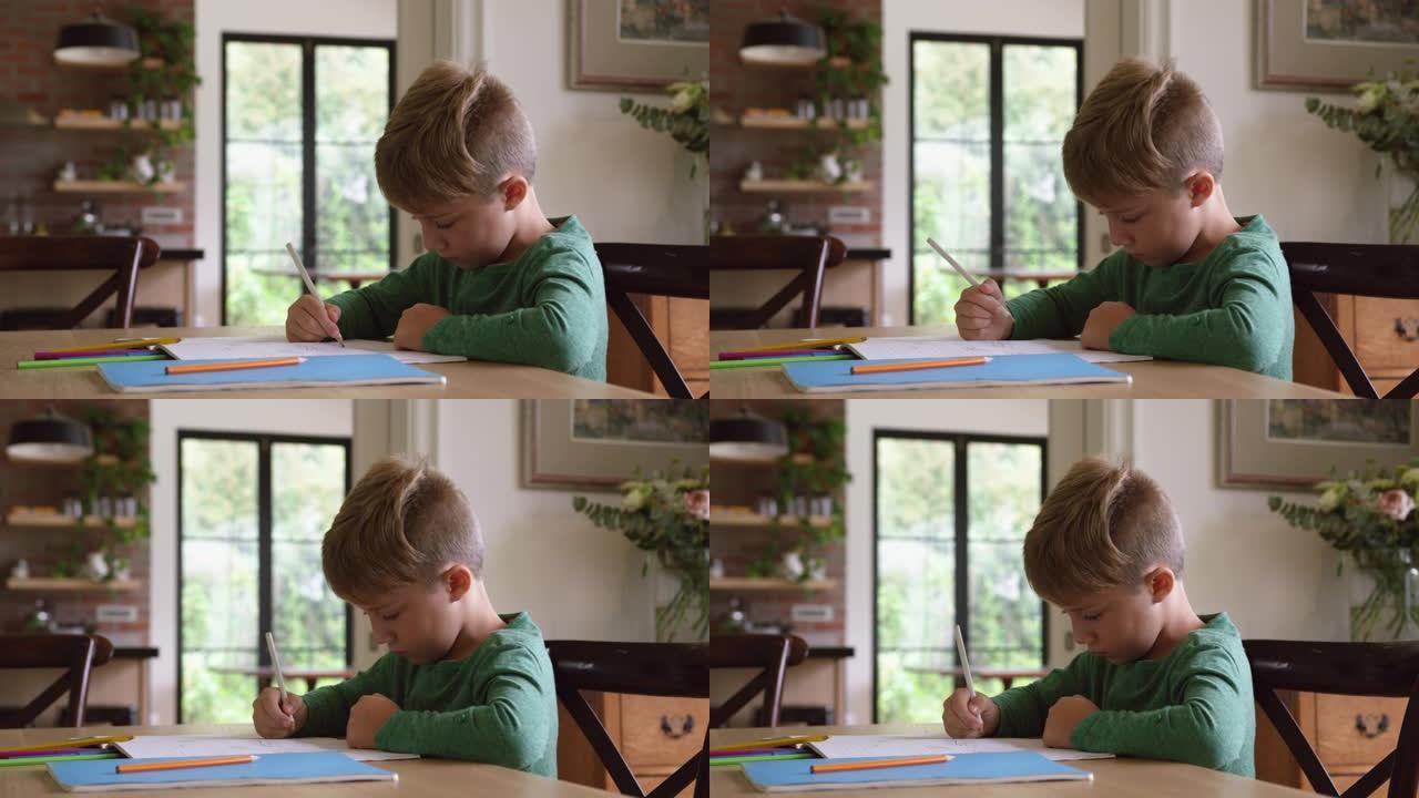 男孩在家里的餐桌上做作业4k