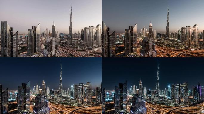 迪拜天际线的T/L平底锅高角度视图，昼夜过渡/阿联酋迪拜