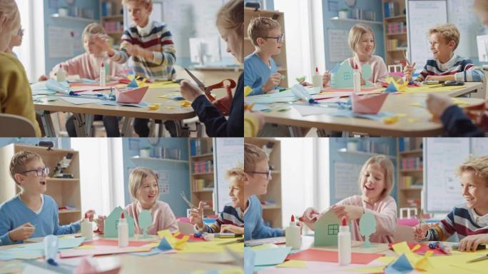 小学工艺品班: 不同群体的聪明孩子在手工艺项目上玩得开心，用五颜六色的纸、剪刀和胶水创造有趣的纸浆