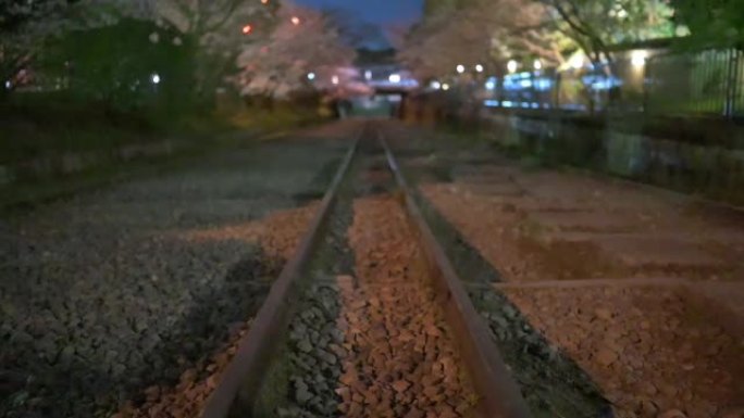 日本kaege衰落在夜间放弃了带有樱花和光反射的铁路轨道