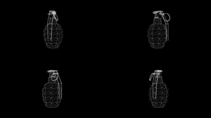 旋转手榴弹的全息图，4k动画黑白三维可循环。