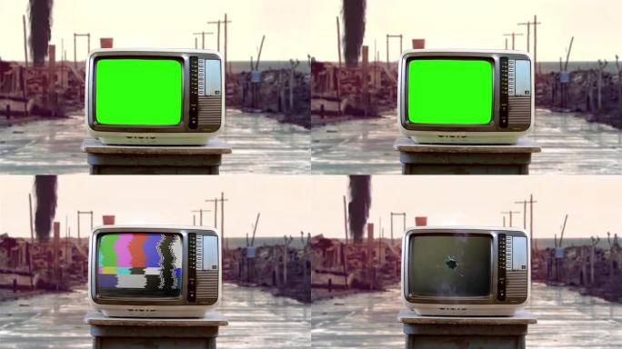80年代的电视在被摧毁的鬼城背景上带有绿色屏幕。