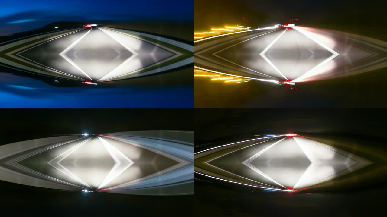 多车道高速公路夜间行驶的时间流逝，镜像视图