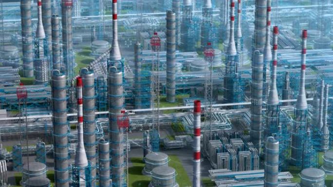 石油和天然气精炼厂工厂的化学配方设计，轨道视图，工业石油区，钢管和储油罐。空中无人机飞越植物拍摄。3