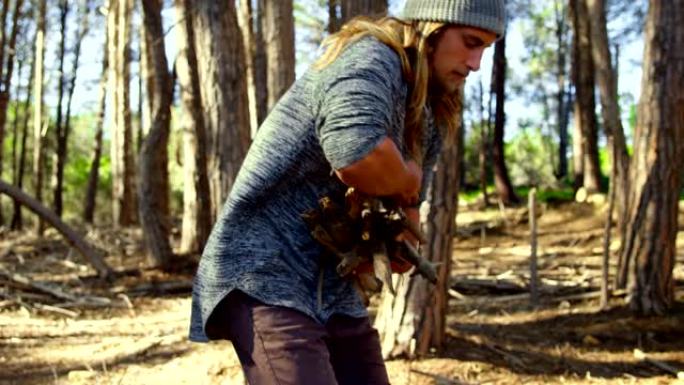 男子在森林中收集木棍4k