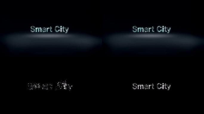 无数的点聚集在一起，创造了一个 “智能城市” 的错字，云计算概念，低多边形的网络。4k。