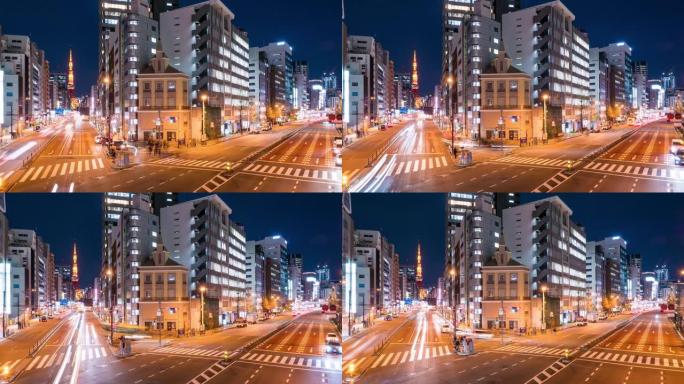 东京东京夜间东京铁塔和十字路口的延时