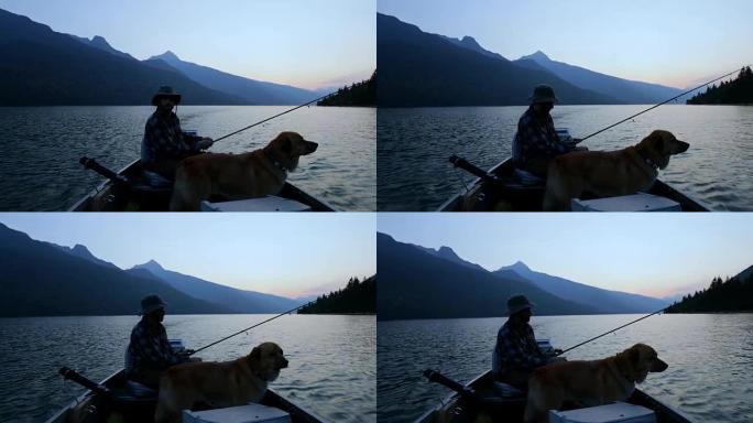渔夫带着他的狗在4k河里钓鱼