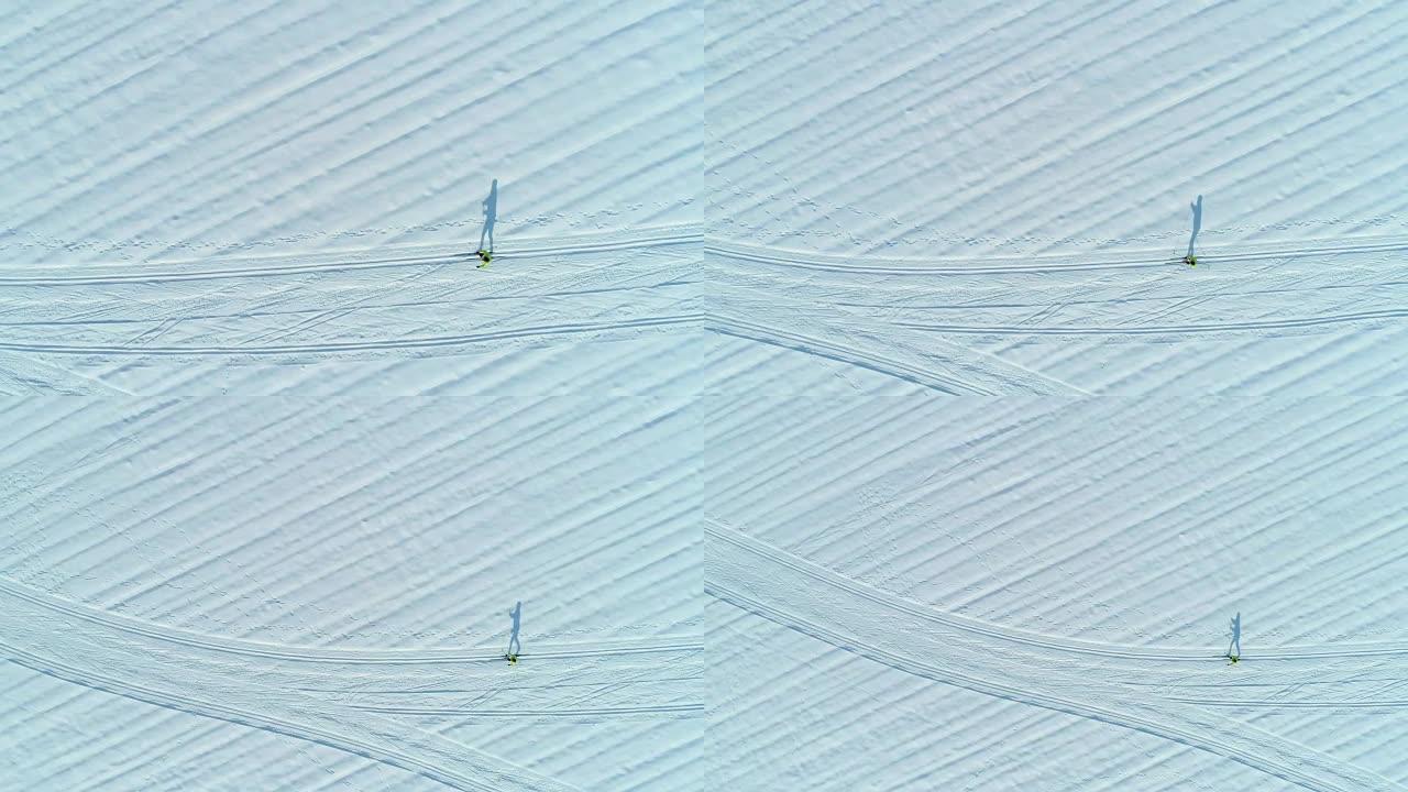 空中: 女子越野滑雪和雪中阴影的酷镜头。