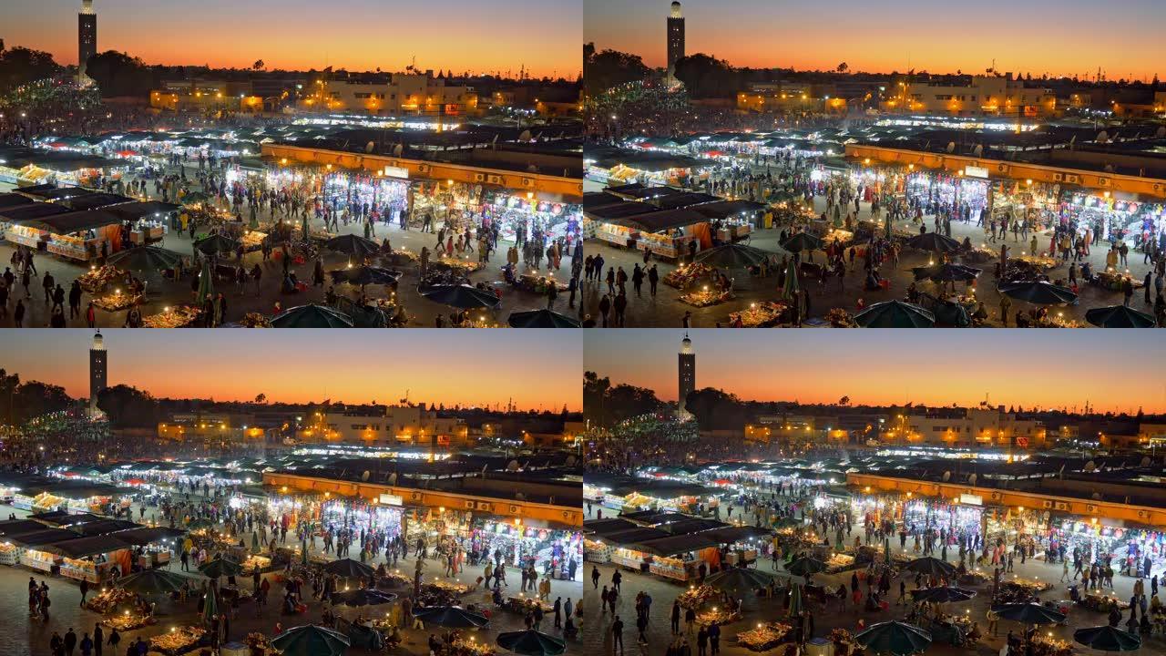 晚上的Jamaa el Fna (Jemaa el-Fnaa)。摩洛哥马拉喀什。缩小镜头