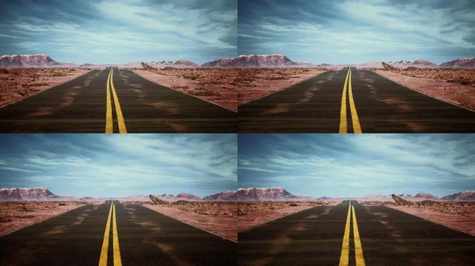 驾驶美国: 壮观的日落驾驶在美国沙漠的孤独道路上拍摄