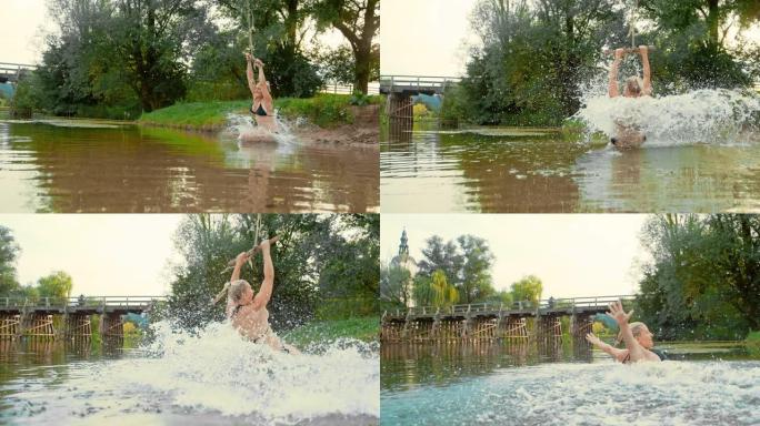 跳绳秋千上的超级SLO MO女人跳进河里