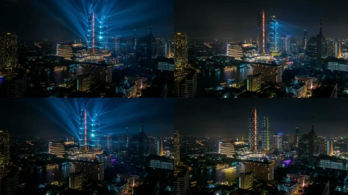 曼谷城市景观河边夜间的4k时间流逝