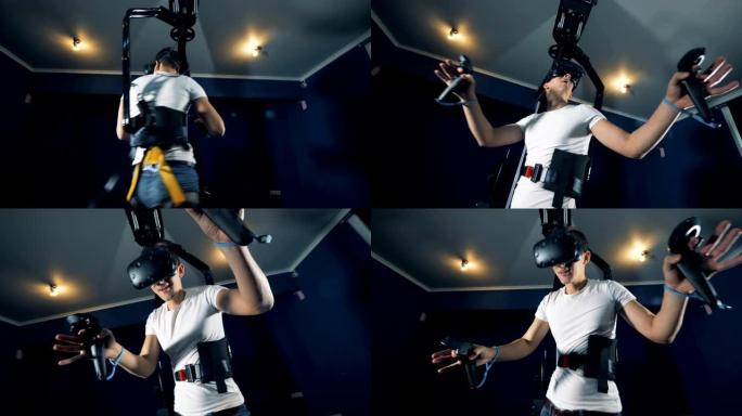 玩家使用VR设备进行游戏。虚拟现实游戏概念。