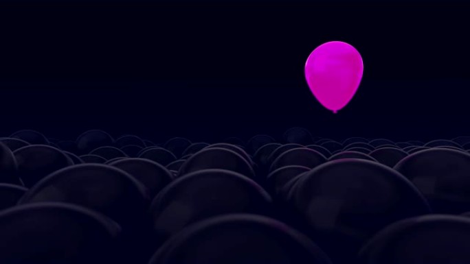 一个粉红色的气球与许多其他气球相对。深紫色背景。理想的标题文本背景。一个反对所有人。概念思想。人格的