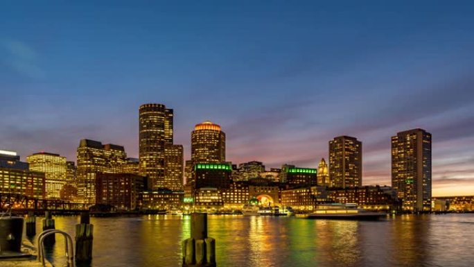 日夜延时: 波士顿城市景观天际线建筑，波士顿湾从美国范码头公园马