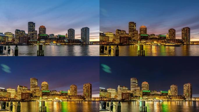 日夜延时: 波士顿城市景观天际线建筑，波士顿湾从美国范码头公园马