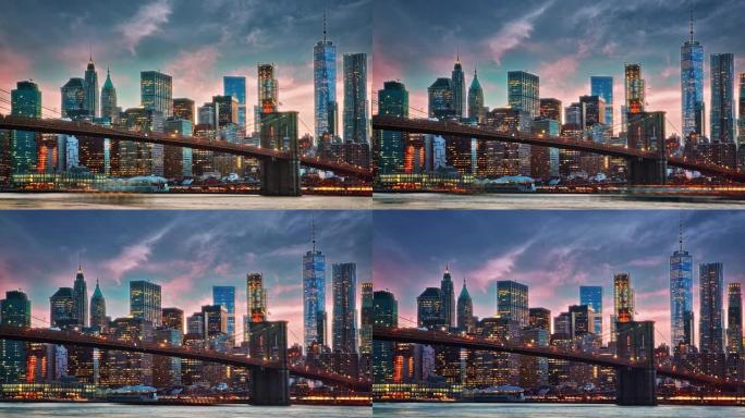 布鲁克林桥。曼哈顿市中心。自由塔。金融建设。照明。东河。复古经典创意观点。