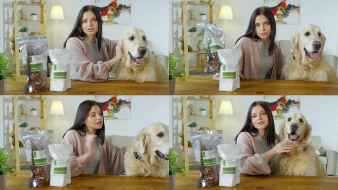 女人拍摄关于狗食的视频
