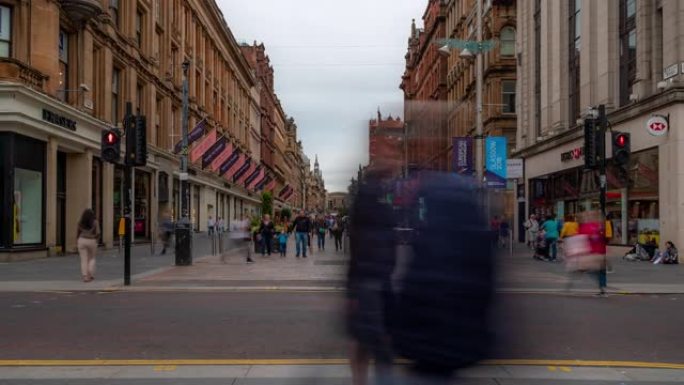 英国苏格兰格拉斯哥的游客Pedestian拥挤的布坎南购物街的延时