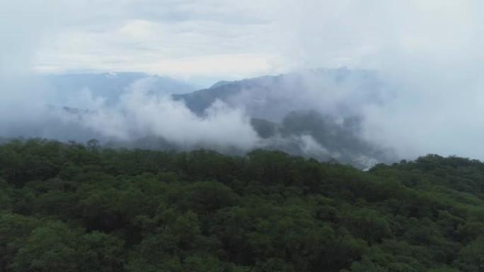 夏季山鸟瞰图云雾缭绕远石森林秘境