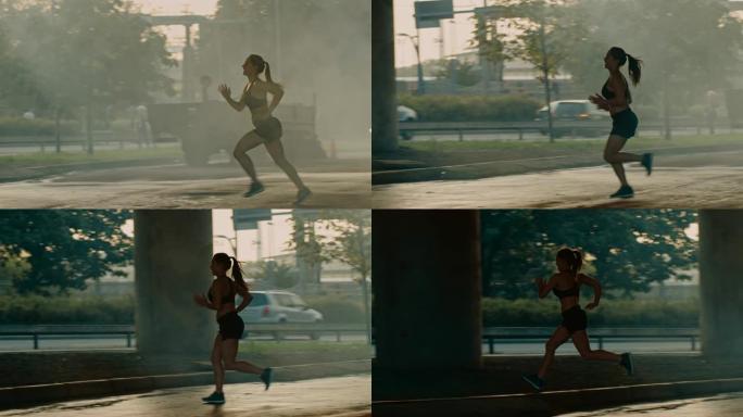 穿着黑色运动上衣和短裤的美丽健身女孩正在街上精力充沛地奔跑。她在城市环境中慢跑，背景是汽车。