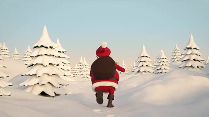 圣诞老人在白雪皑皑的风景中奔跑。后视图。无缝回路