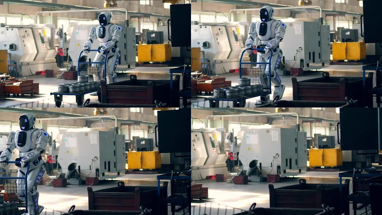 工作机器人在工厂拉一辆装有金属盒的手推车。