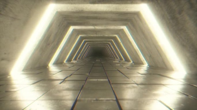 在带有荧光紫外线的未来派隧道中飞行。科幻室内走廊。现代光谱。3D渲染无缝循环动画4k UHD