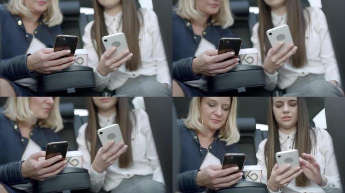 CU年轻女性在众包出租车后座使用智能手机