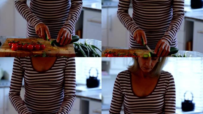 高级妇女在厨房4k切蔬菜