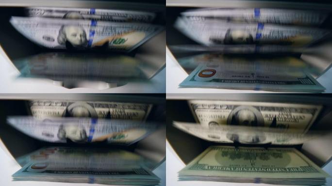 在银行的点钞机上打印的钞票。