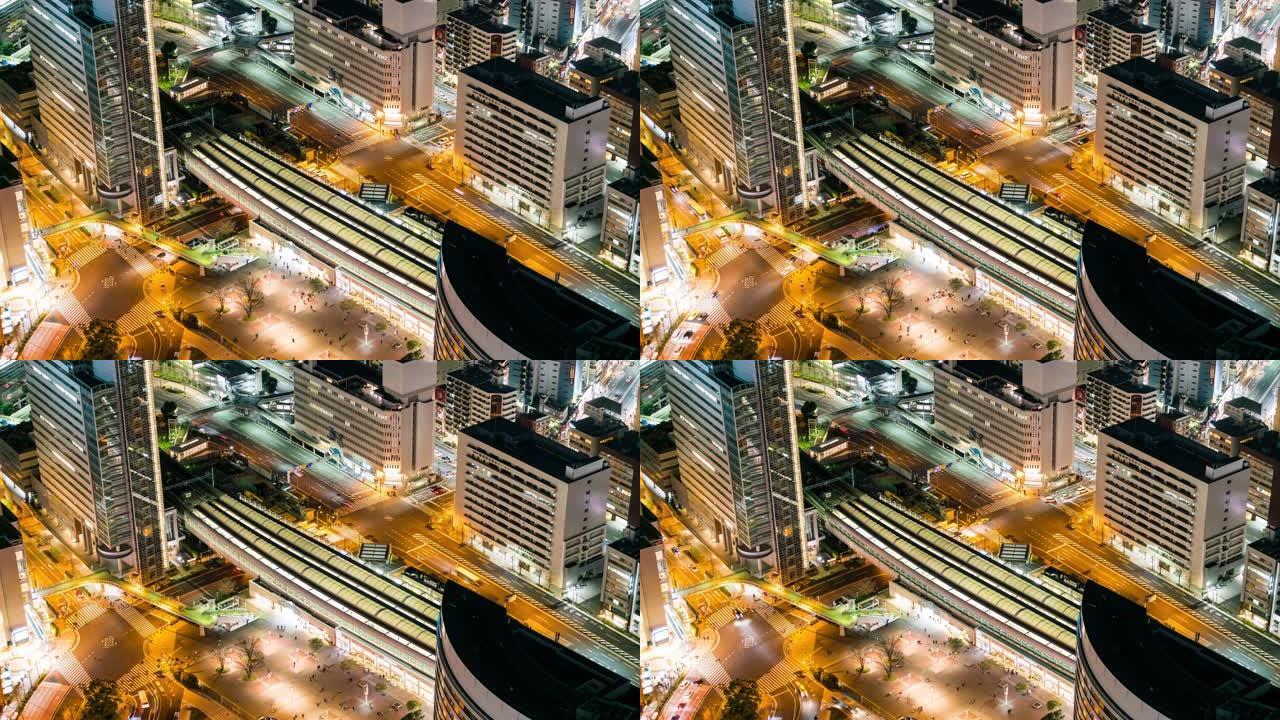 横滨市夜火车站和高速公路鸟瞰图