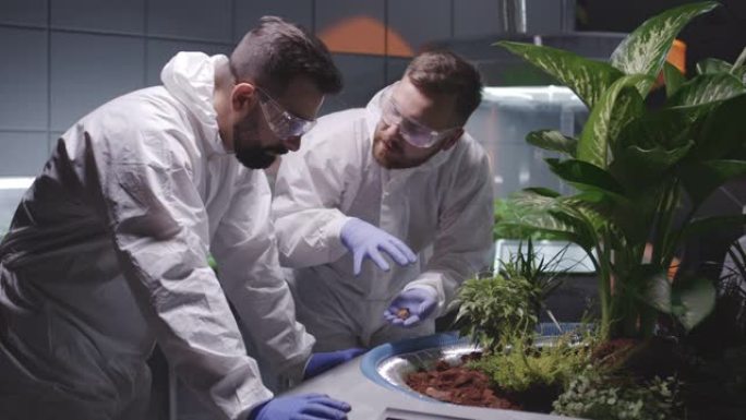 两位科学家正在研究火星花园的土壤