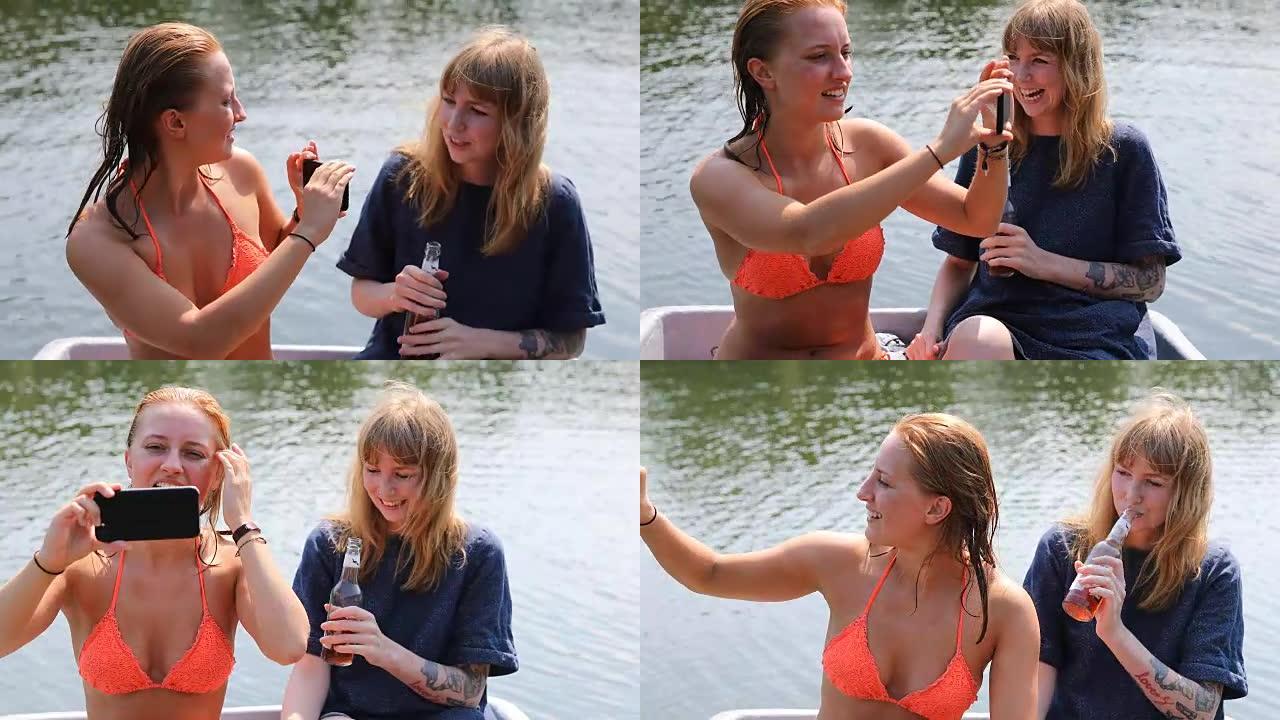 女人在湖中划船时由朋友拍摄