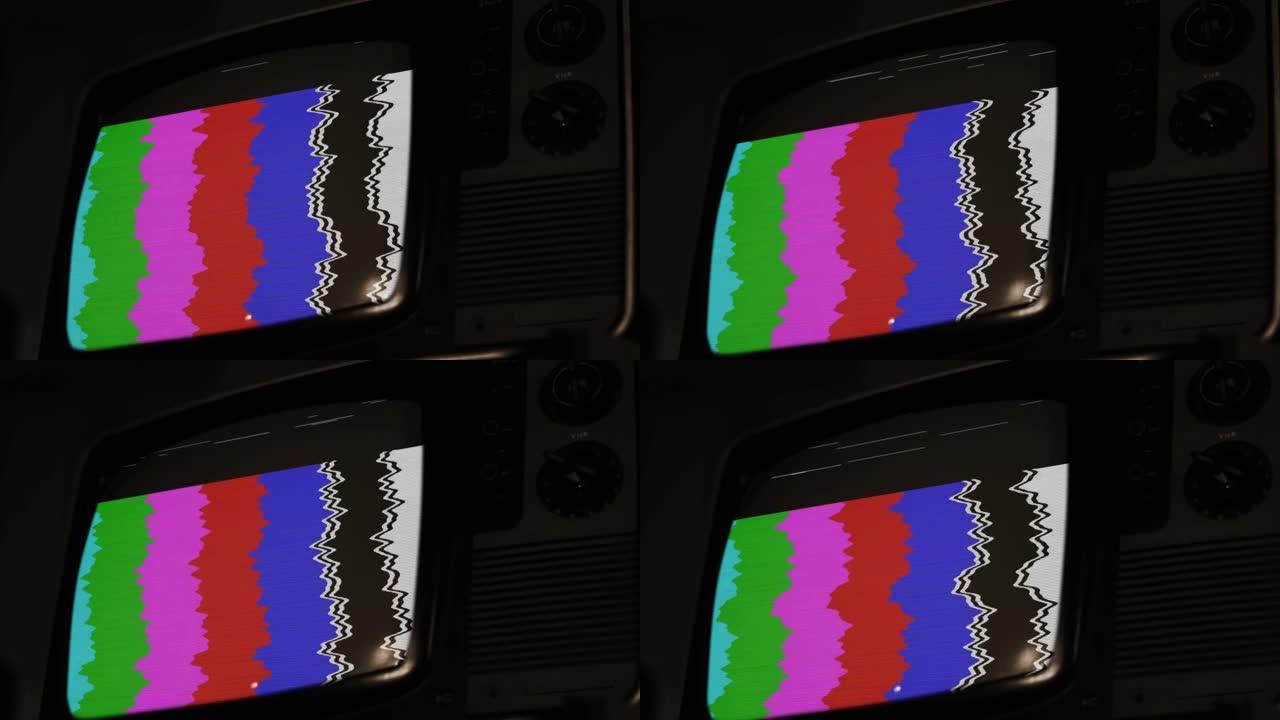 旧20世纪80年代电视，屏幕上有噪音和彩条。