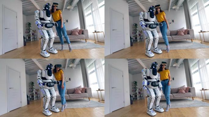 一个戴虚拟现实眼镜的女孩拥抱一个白色的半机械人。
