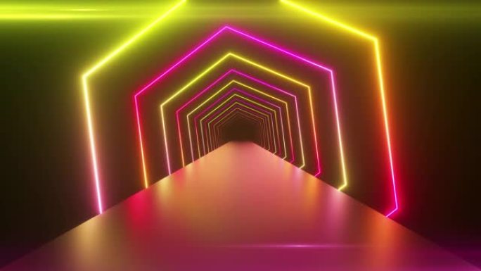旋转正方形的抽象几何背景，荧光紫外光，发光霓虹灯线，旋转隧道，现代彩色黄色粉色紫色光谱，无缝循环3d