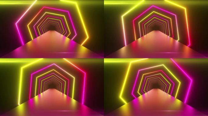 旋转正方形的抽象几何背景，荧光紫外光，发光霓虹灯线，旋转隧道，现代彩色黄色粉色紫色光谱，无缝循环3d