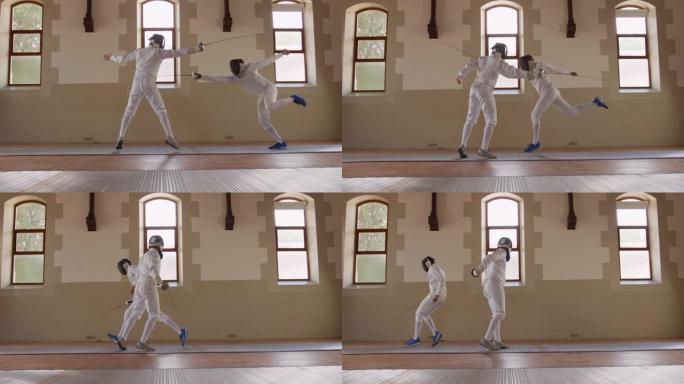 击剑运动员在健身房进行击剑训练