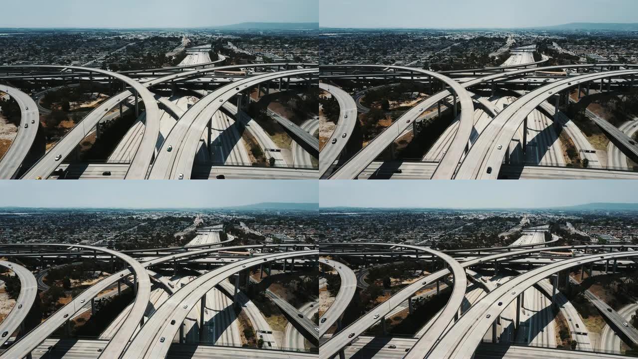 惊人的空中平移拍摄著名的法官普雷格森公路路口与多个复杂的天桥和桥梁。