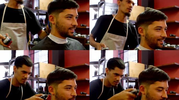 男人在修剪头发时与理发师互动4k