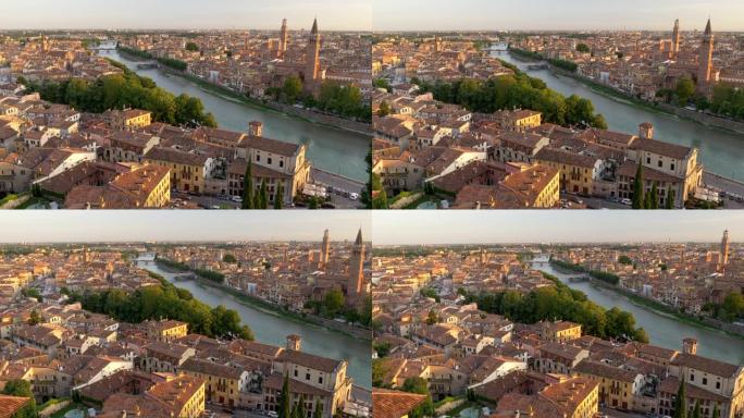 意大利维罗纳。日落时城市、阿迪杰河和河边汽车交通的全景拍摄。平移镜头，4K