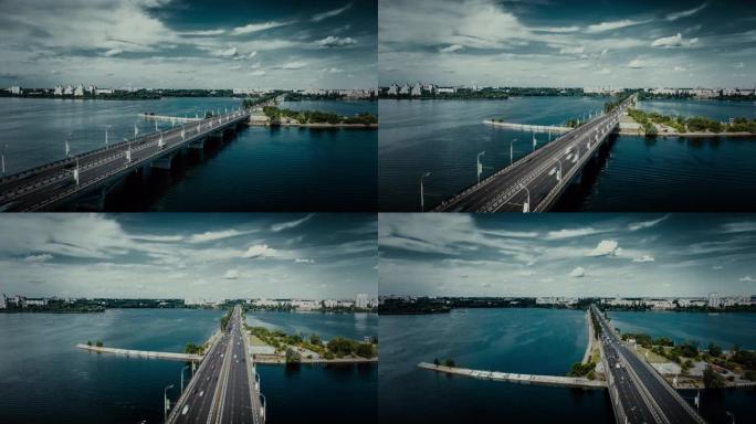 带有桥梁视图的空中超流视频，深色电影色彩校正