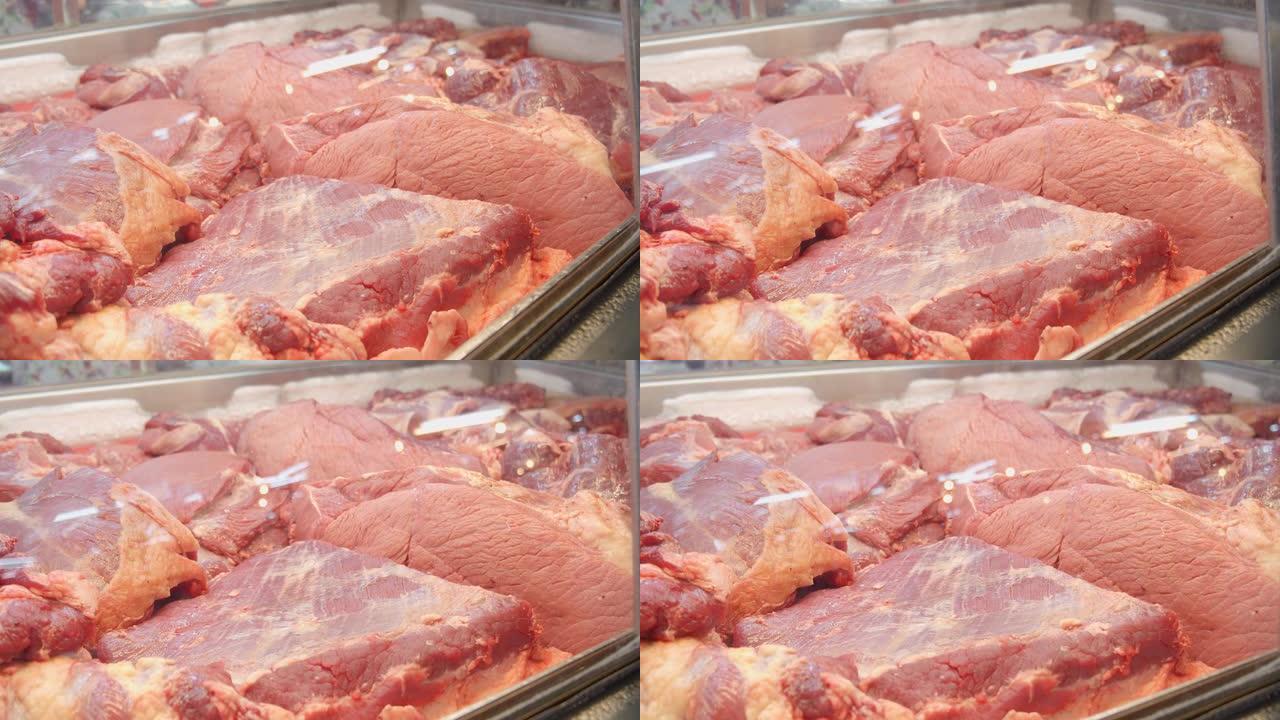 市场上新鲜的生牛肉。做牛排。蛋白质