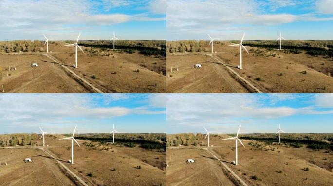 风力发电机在野外旋转。风力发电机，风力涡轮机从上面。