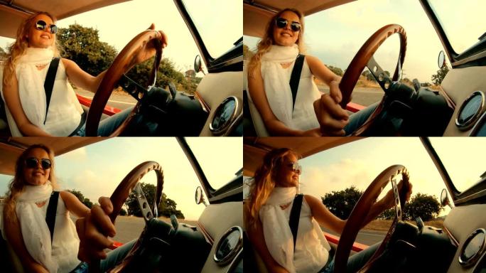 戴着金色头发的太阳镜微笑的女人开车