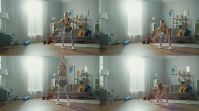 穿着运动上衣的美丽丰满健身女孩正在她明亮宽敞的客厅做伸展瑜伽练习，室内简约。