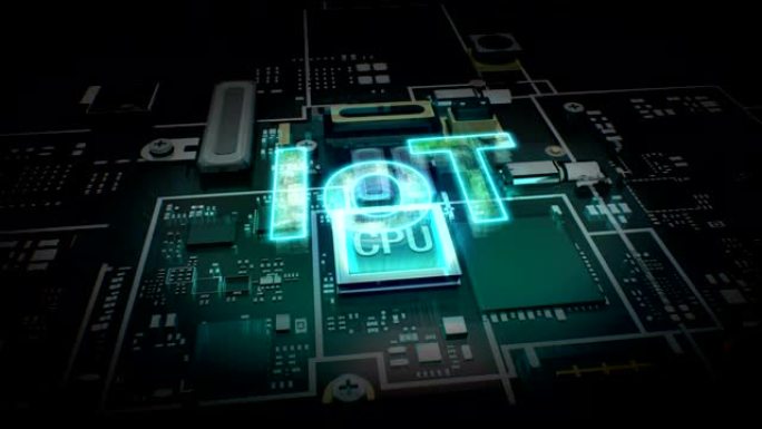 CPU芯片电路上的全息图错字 'IoT'，发展人工智能技术。