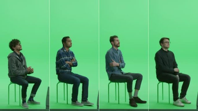 4合1绿屏拼贴画: 四幅不同背景，种族，不同年龄的英俊男子的肖像坐在色键椅子上。侧视图分屏。多个剪辑